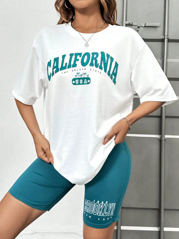 Letter Printed Short Sleeve Top And Shorts