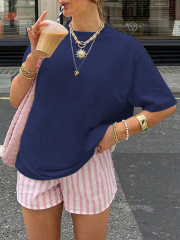 Letter Printed Women's Oversize Round Neck Drop Shoulder Sleeve Loose Casual T-Shirt Summer
