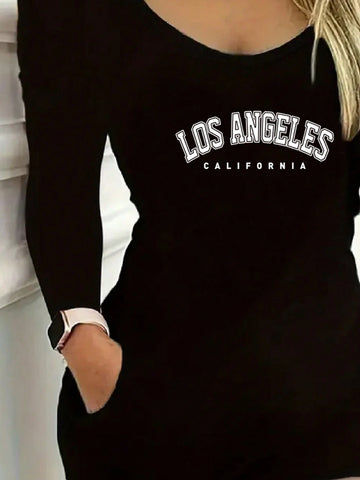 Letter Printing - Long Sleeve, Round Neck, Machine Washable - Women's Long Sleeve Short Dress Simple Fashion Casual Everyday Soft And Comfortable Fit