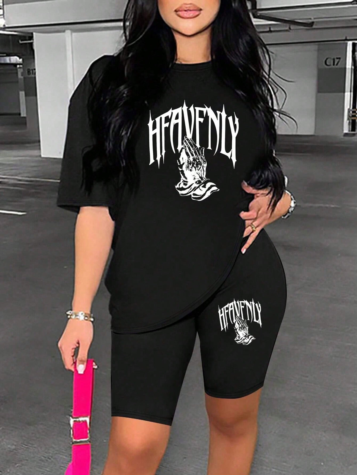 Letters & Hand Printed Women's Casual Overside Short Sleeve Leggings Set Summer