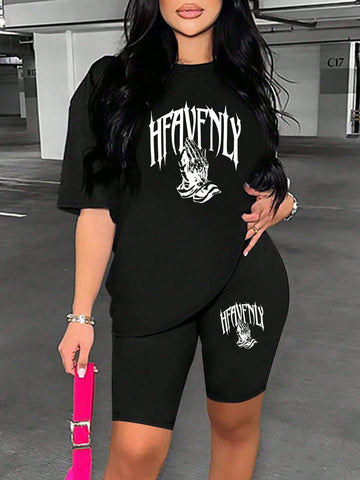 Letters & Hand Printed Women's Casual Overside Short Sleeve Leggings Set Summer