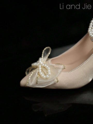 Satin Rhinestone Pearl Embellished Sophisticated Design High Heel Shoes