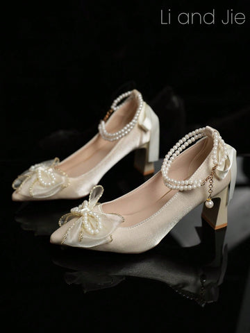 Satin Rhinestone Pearl Embellished Sophisticated Design High Heel Shoes