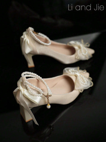 Satin Rhinestone Pearl Embellished Sophisticated Design High Heel Shoes