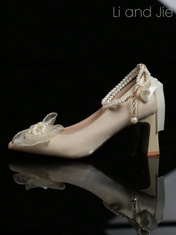 Satin Rhinestone Pearl Embellished Sophisticated Design High Heel Shoes