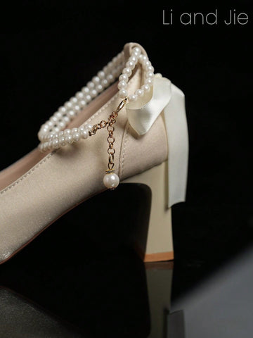 Satin Rhinestone Pearl Embellished Sophisticated Design High Heel Shoes
