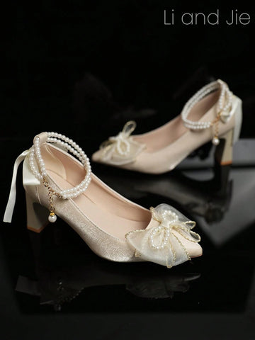 Satin Rhinestone Pearl Embellished Sophisticated Design High Heel Shoes