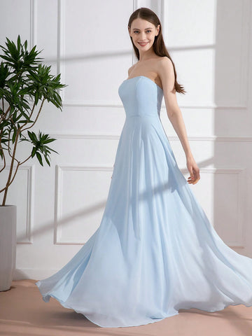Light Blue French Romantic Tie-Back Long Party Dress With Open Back For Bridesmaid