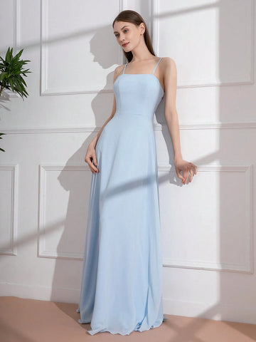 Light Blue French Romantic Tie-Back Long Party Dress With Open Back For Bridesmaid