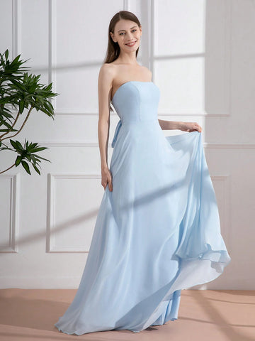 Light Blue French Romantic Tie-Back Long Party Dress With Open Back For Bridesmaid