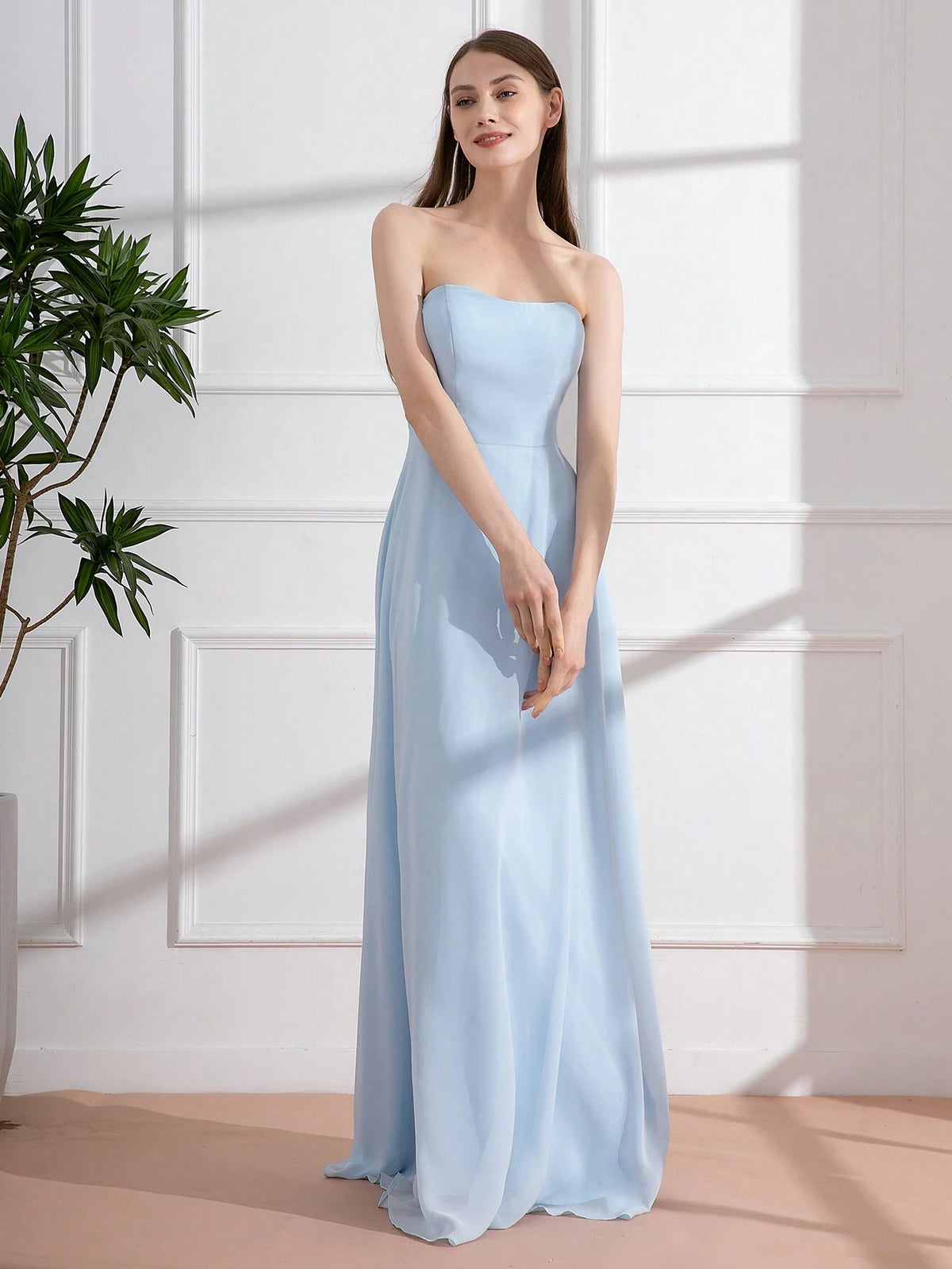 Light Blue French Romantic Tie-Back Long Party Dress With Open Back For Bridesmaid