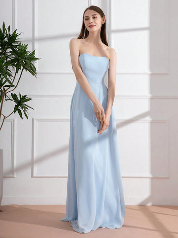 Light Blue French Romantic Tie-Back Long Party Dress With Open Back For Bridesmaid
