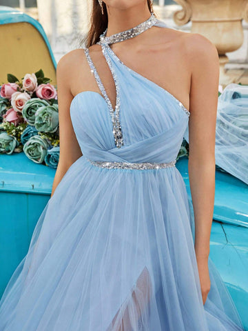 Light Blue Romatic Halter Neck Mesh Crystal Chain Dress, With Open Back And Slit To Thighs