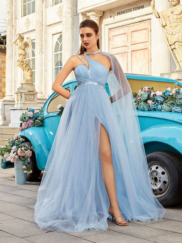 Light Blue Romatic Halter Neck Mesh Crystal Chain Dress, With Open Back And Slit To Thighs