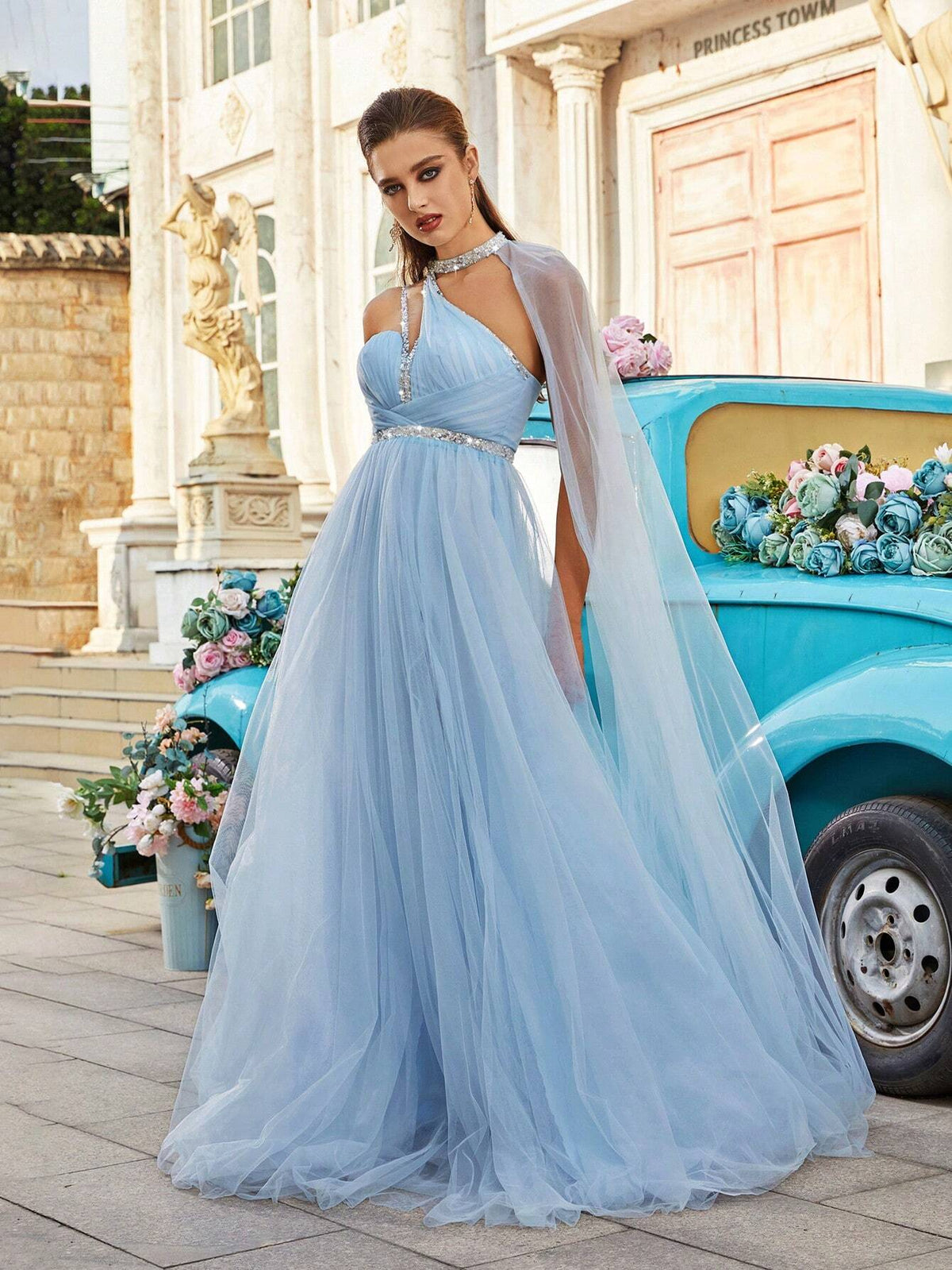 Light Blue Romatic Halter Neck Mesh Crystal Chain Dress, With Open Back And Slit To Thighs