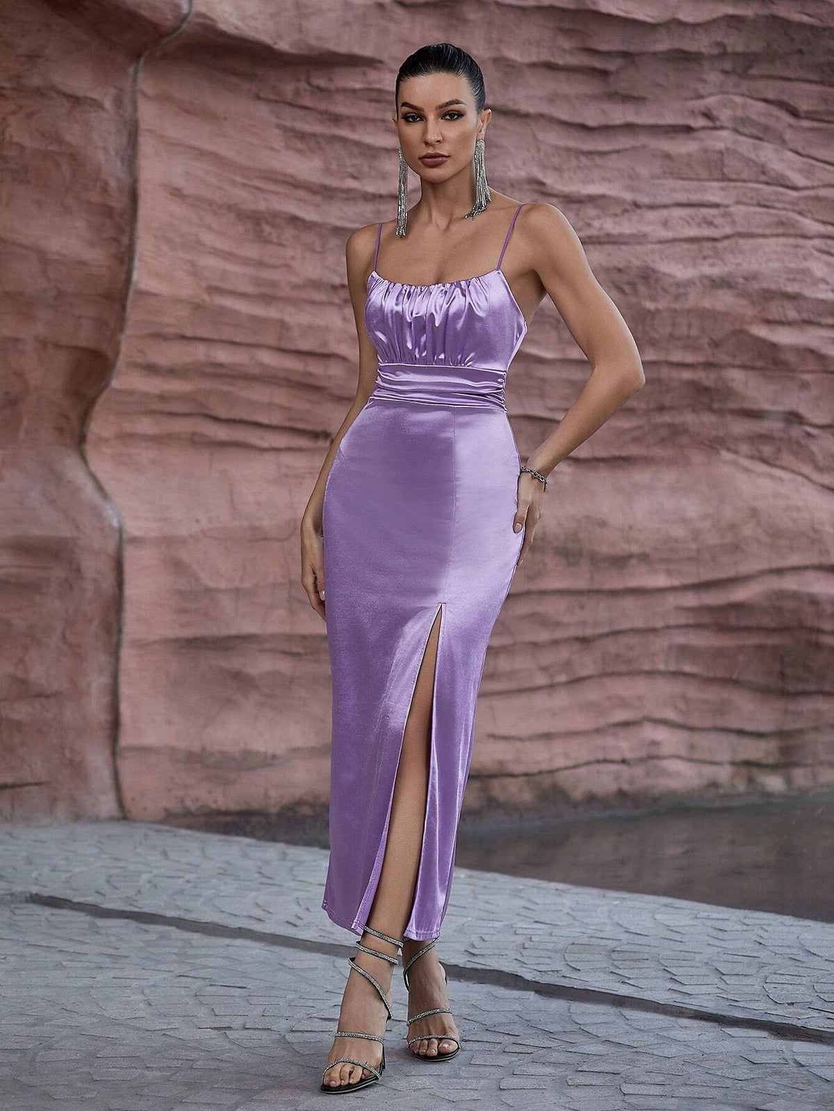 Lilac Spaghetti Strap Pleated Waist High Split Formal Dress For Women