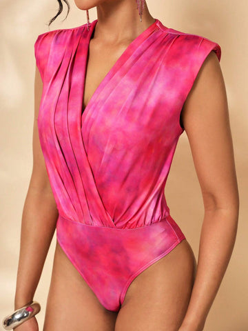 Lilee Abstract Printed Ruched Shoulder Pads Plunging Neck Bodysuit