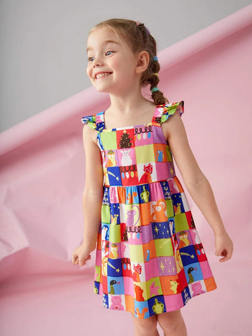 Kids SUNSHNE Young Girl Colorblock Animal Print Cap Sleeve Dress