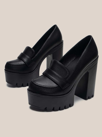 Embossed Ultra Heeled Loafers, Women's High Heel Oxford Shoes, Solid Color