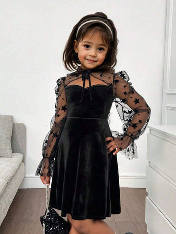 Little Girl Cute & Gorgeous Elegant Velvet Patchwork Embroidered Star, Sheer Hollow-Out Waist Midi Dress