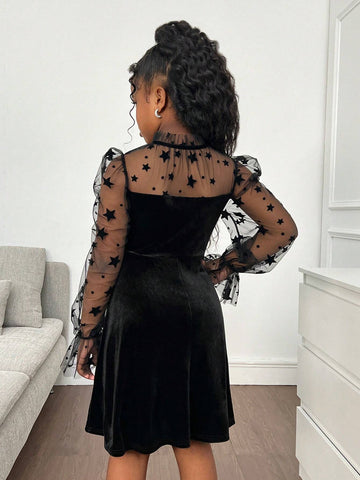 Little Girl Cute & Gorgeous Elegant Velvet Patchwork Embroidered Star, Sheer Hollow-Out Waist Midi Dress