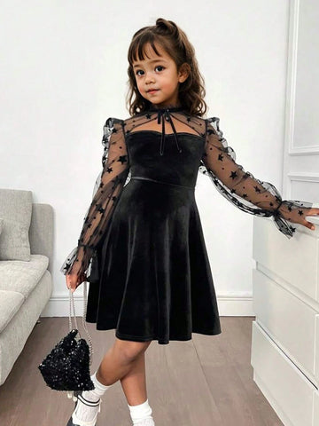 Little Girl Cute & Gorgeous Elegant Velvet Patchwork Embroidered Star, Sheer Hollow-Out Waist Midi Dress