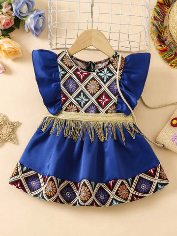 Little Girl Fringed Decor Flutter Sleeve Shirt