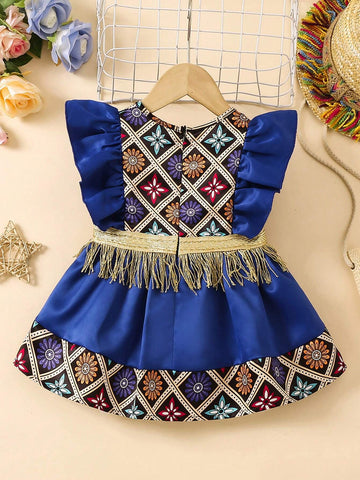 Little Girl Fringed Decor Flutter Sleeve Shirt