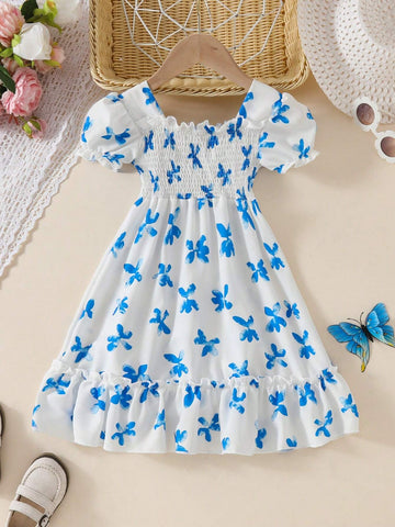 Little Girl Summer Dress, Children's Short Sleeve Ditsy Floral Pleated Puff Sleeve Dress