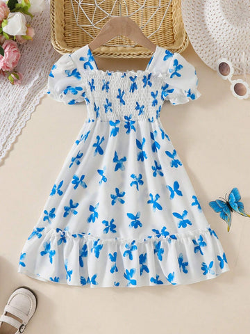 Little Girl Summer Dress, Children's Short Sleeve Ditsy Floral Pleated Puff Sleeve Dress