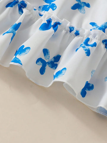 Little Girl Summer Dress, Children's Short Sleeve Ditsy Floral Pleated Puff Sleeve Dress
