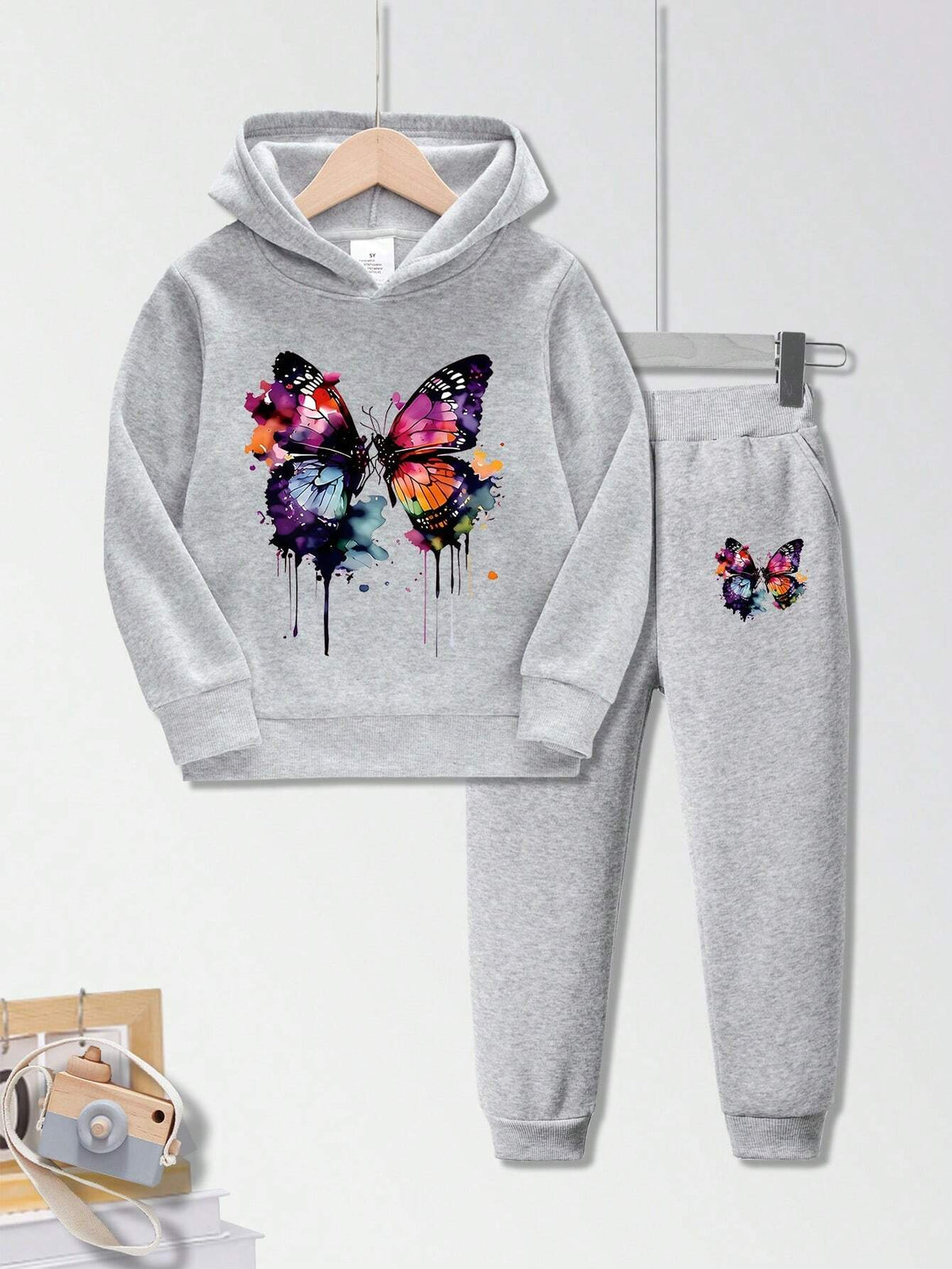 Little Girls' 2pcs Creative Butterfly Printed Sweatshirt And Pants Set