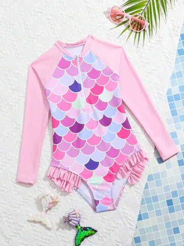 Little Girls 4-8Y Lovely Mermaid Print One-Piece Swimsuit, Red
