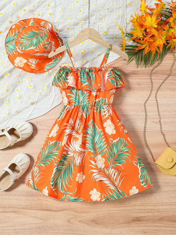Little Girls' Beach Holiday Style Allover Print Camisole Top With Ruffle Hem And Sun Hat