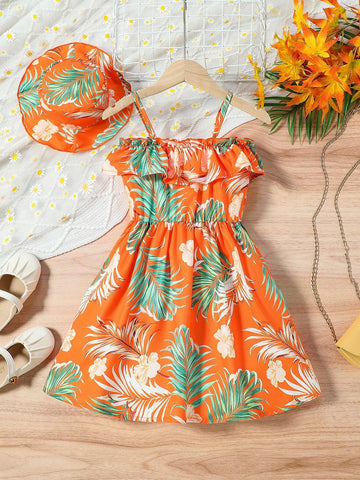 Little Girls' Beach Holiday Style Allover Print Camisole Top With Ruffle Hem And Sun Hat