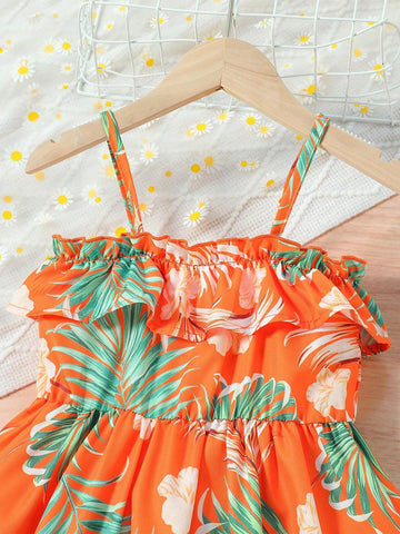 Little Girls' Beach Holiday Style Allover Print Camisole Top With Ruffle Hem And Sun Hat