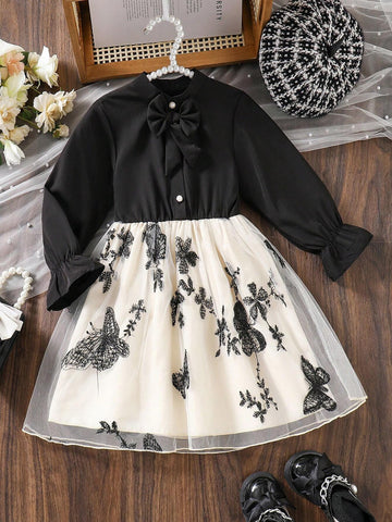 Little Girls' Butterfly & Floral 3D Mesh Spliced Dress With Bowknot And Buckle, Long Sleeve, Fit And Flare, Spring/Fall