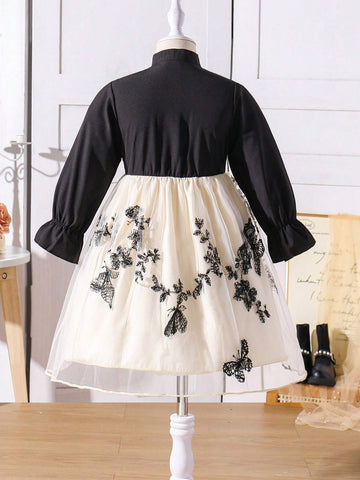 Little Girls' Butterfly & Floral 3D Mesh Spliced Dress With Bowknot And Buckle, Long Sleeve, Fit And Flare, Spring/Fall