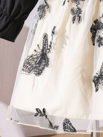 Little Girls' Butterfly & Floral 3D Mesh Spliced Dress With Bowknot And Buckle, Long Sleeve, Fit And Flare, Spring/Fall