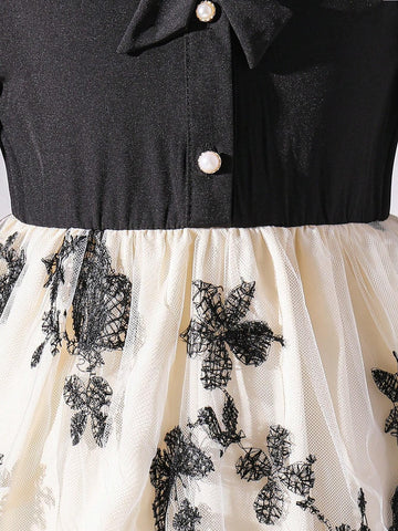 Little Girls' Butterfly & Floral 3D Mesh Spliced Dress With Bowknot And Buckle, Long Sleeve, Fit And Flare, Spring/Fall