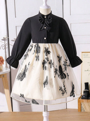 Little Girls' Butterfly & Floral 3D Mesh Spliced Dress With Bowknot And Buckle, Long Sleeve, Fit And Flare, Spring/Fall