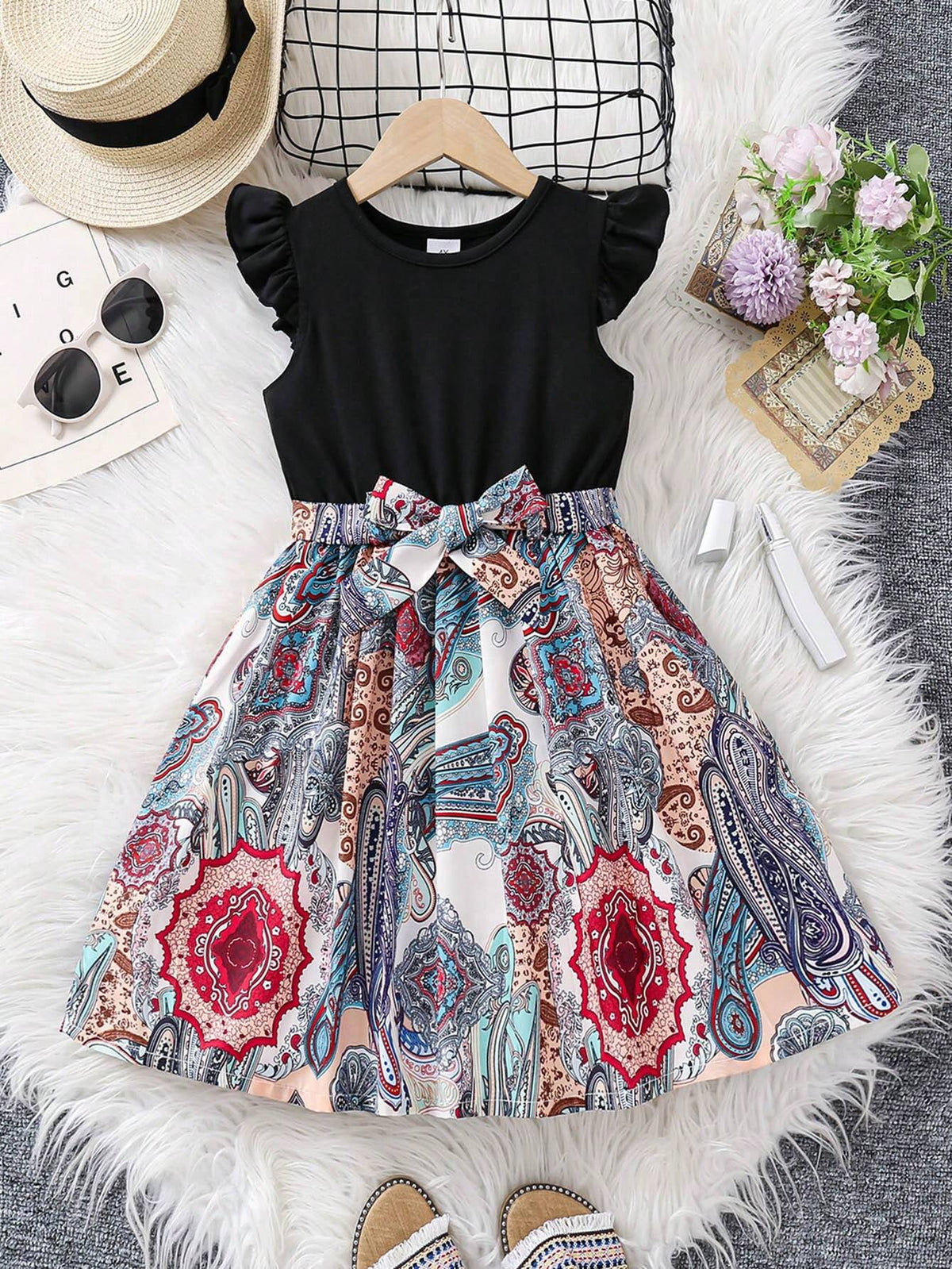 Little Girls' Cap Sleeve Print Dress With Ruffled Hem And Flutter Sleeves, Black, Stylish And Versatile, Spring And Summer New Style