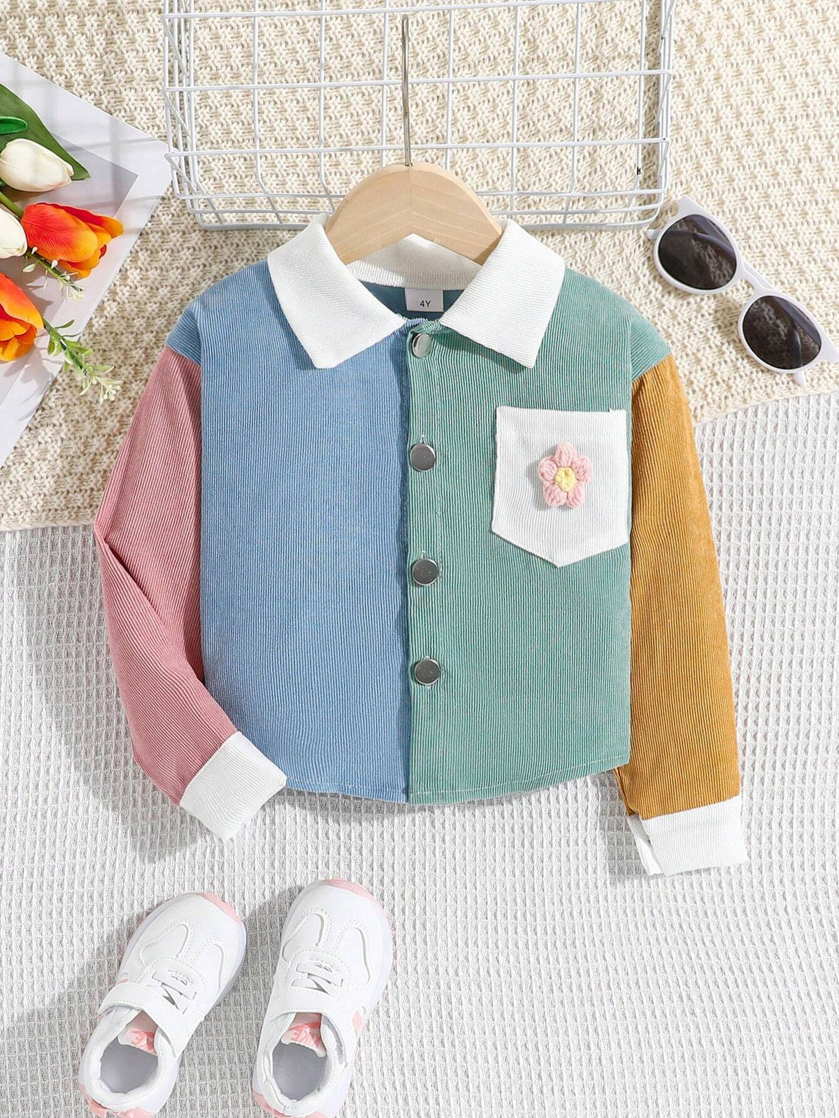 Little Girls' Casual Fashionable Outdoor Long Sleeve Jacket, Cute & Sweet 3D Flower Patchwork And Color Blocking