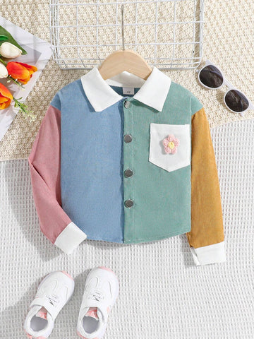 Little Girls' Casual Fashionable Outdoor Long Sleeve Jacket, Cute & Sweet 3D Flower Patchwork And Color Blocking