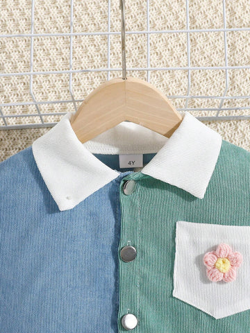 Little Girls' Casual Fashionable Outdoor Long Sleeve Jacket, Cute & Sweet 3D Flower Patchwork And Color Blocking
