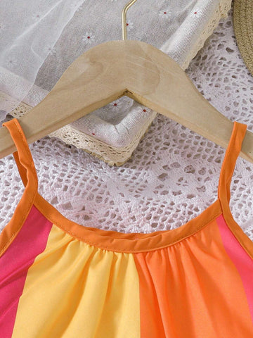 Little Girls' Casual Multicolor Spliced Strap Dress