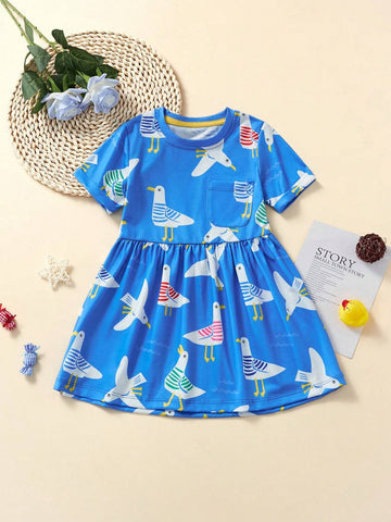 Little Girls' Casual Short Sleeve Dress With Cartoon Pigeon Print, Breathable Summer Outfit