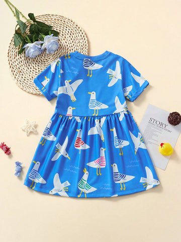 Little Girls' Casual Short Sleeve Dress With Cartoon Pigeon Print, Breathable Summer Outfit
