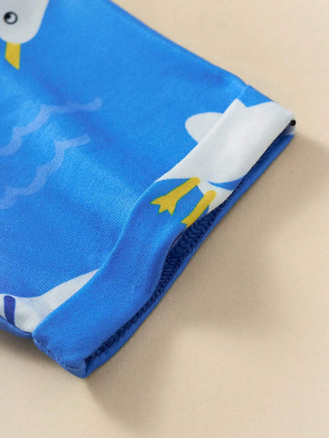 Little Girls' Casual Short Sleeve Dress With Cartoon Pigeon Print, Breathable Summer Outfit