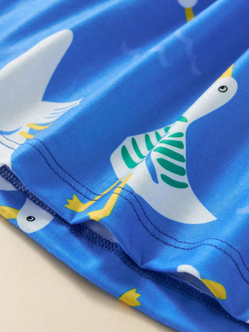 Little Girls' Casual Short Sleeve Dress With Cartoon Pigeon Print, Breathable Summer Outfit